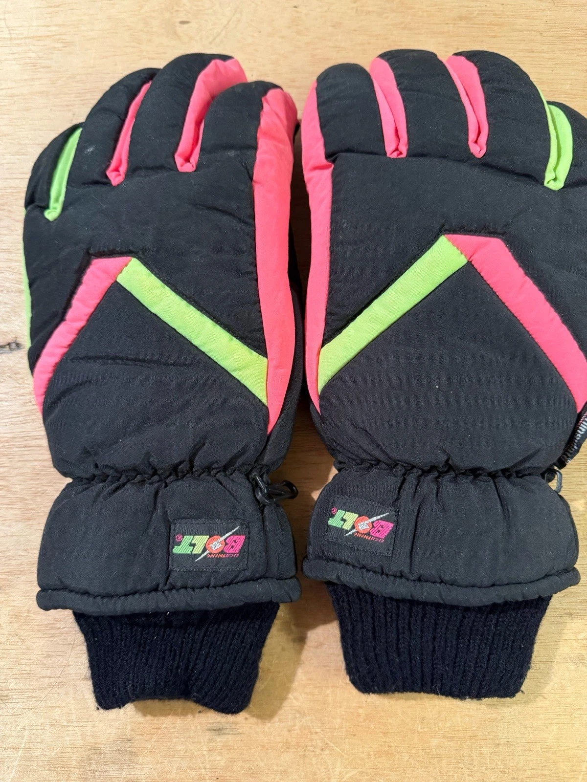 Vtg 80s 90s Ski Gloves Hot Fingers Thinsulate Lined Knit Cuff L/XL Black Neon