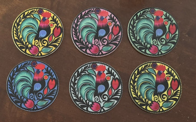 Polish ~ Wycinanki Folk Art ~ Six (6) Chicken Drink Coasters ~ Laminated on Cork
