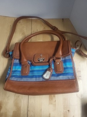 Cole Haan Vintage Valise Leather Canvas Brooke Small Flap Tote Blue/Woodbury
