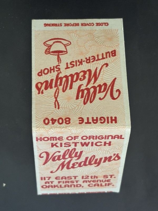 1930s Oakland CA Advertising Matchbook Vally Medlyn’s Butter-Kist Shop ☕️🥪