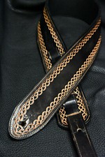 Leather guitar strap custom tooled hand made  "Borders style" washed  black