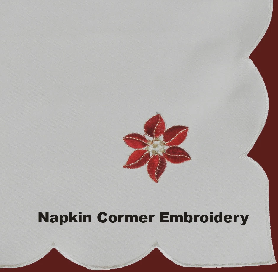 Holiday Christmas Embroidered Poinsettia Bell Tablecloth & Napkins White 6625W - Image 3 of 4