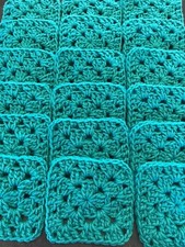 Lot 20 4" AQUA GREEN Hand Crocheted GRANNY SQUARES Afghan Throw Blanket Blocks