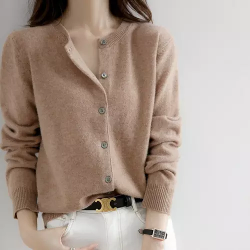 Cárdigan suéter simple de mezcla de cachemir para mujer color liso cuello redondo chaqueta abrigo - Imagen 9 de 37