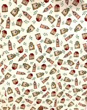 Cotton Fabric Little Rustic Birdhouses on Beige ... 1/2 Yard