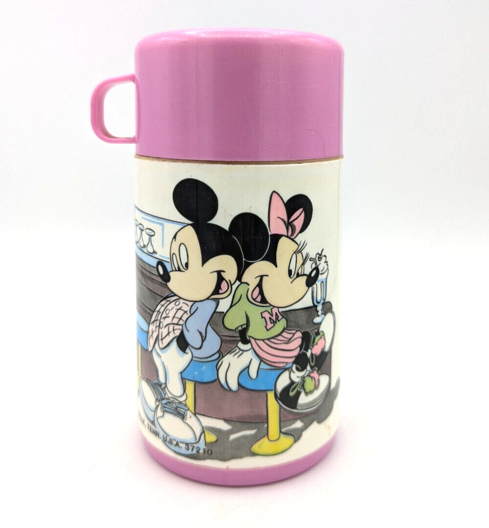Vintage Mickey and Minnie Mouse Soda Shop Lunchbox Thermos Pink Aladdin Brand