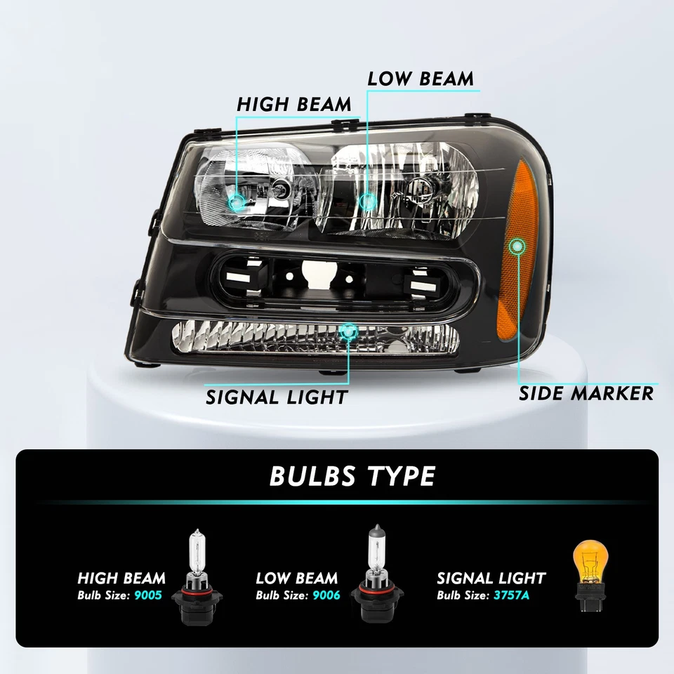 For 2002-2009 Chevrolet Trailblazer Black Headlights Assembly w/Bulb L+R Sets - Image 2 of 4