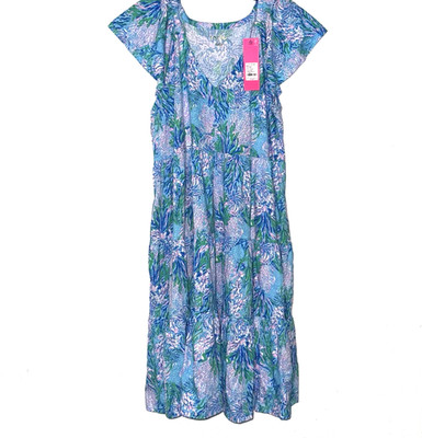 Lilly Pulitzer Kawai Flutter Sleeve Dress Las Olas Aqua L;NWT