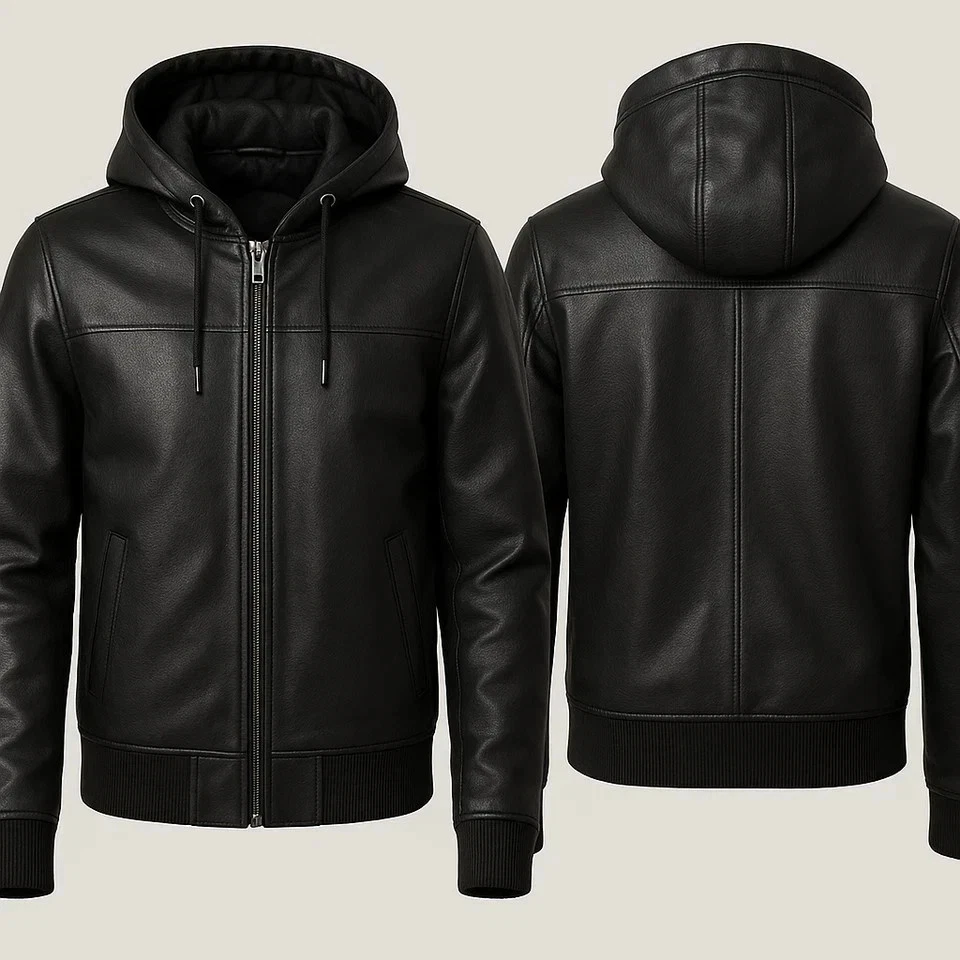 Men's Black genuine Leather Premium Hoodie lambskin Leather Jacket