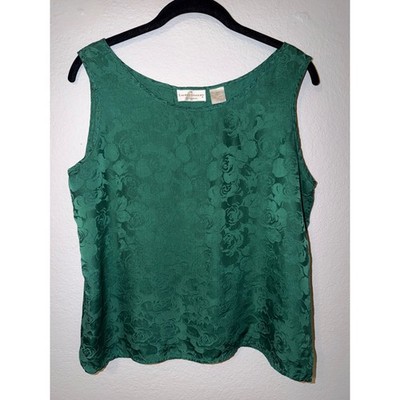 Lauren Rogers Collection Green Silk Floral Jacquard Tank Top Sleeveless Blouse M