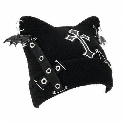 WEIMU Cat Ear Style Beanie   Emo Punk Knit Hat with Cross One Size, Black