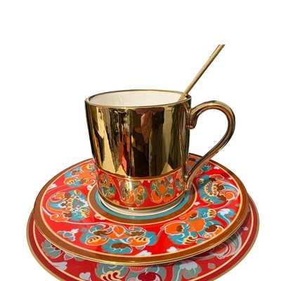 Dunhuang Gold Plated Bone China Coffee Cup Saucer Spoon Set Traditional Floral