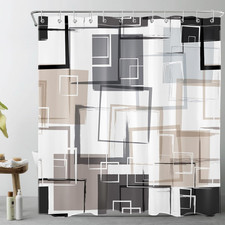 Black and Tan Geometric Shower Curtain with Hooks, Grey and White Abstract Strip