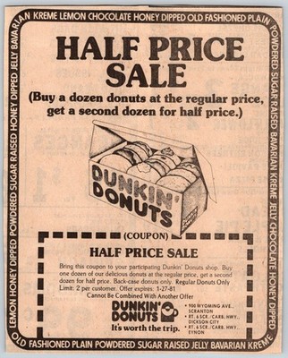 1981 HALF PRICE DONUTS AT DUNKIN DONUTS 6''X7'' Newspaper Ad 1980's M777