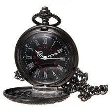 Vintage Retro Steampunk Pocket Watch Black Quartz Pendant Necklace Chain Gift G