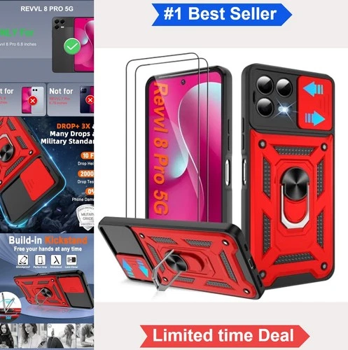 Phone Case for T-Mobile REVVL 8 Pro 5G Red Shockproof Kickstand 2 Screen