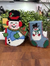 Lot 2 Handmade Needlepoint Christmas Ornaments Snowman Mini Stocking Gift Card