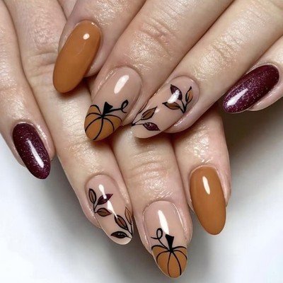 Autumn Leaf Pumpkin Almond Thanksgiving False Nails for Women Easy Apply