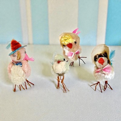 Chenille Easter Bird Chick Fancy Hat Lot 4 Vintage Japan Fluffy Decor Ornament