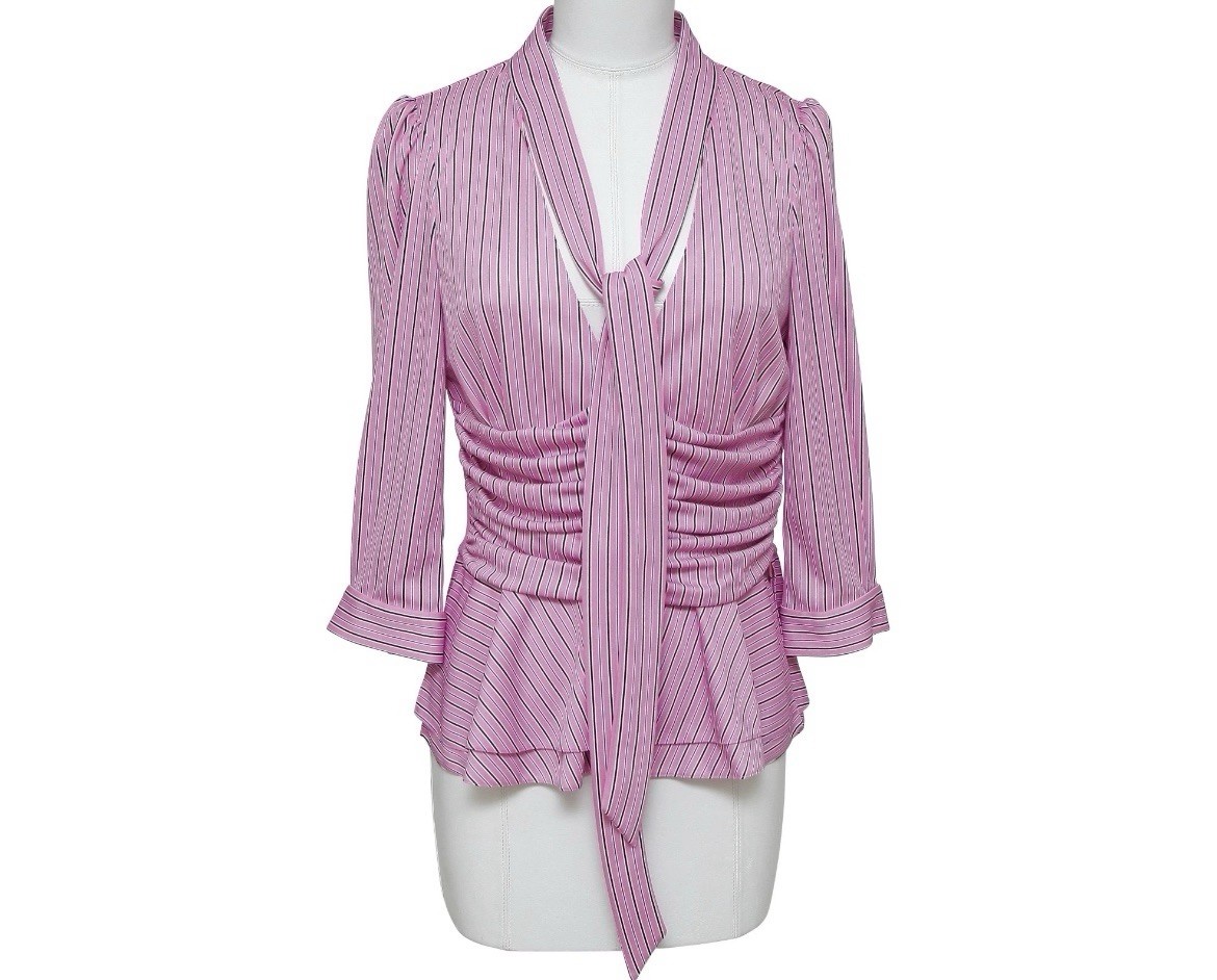 BALENCIAGA Blouse Top Shirt Striped 3/4 Sleeve Neck Tie Rose White Black 38 NWT