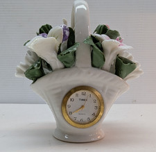 Miniature Capodimonte Style Case Clock Timex Quartz Porcelain Flowers in Basket
