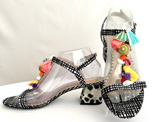 Betsey Johnson DYNAH Fun Black White Embellished Sandals Heels Size 9