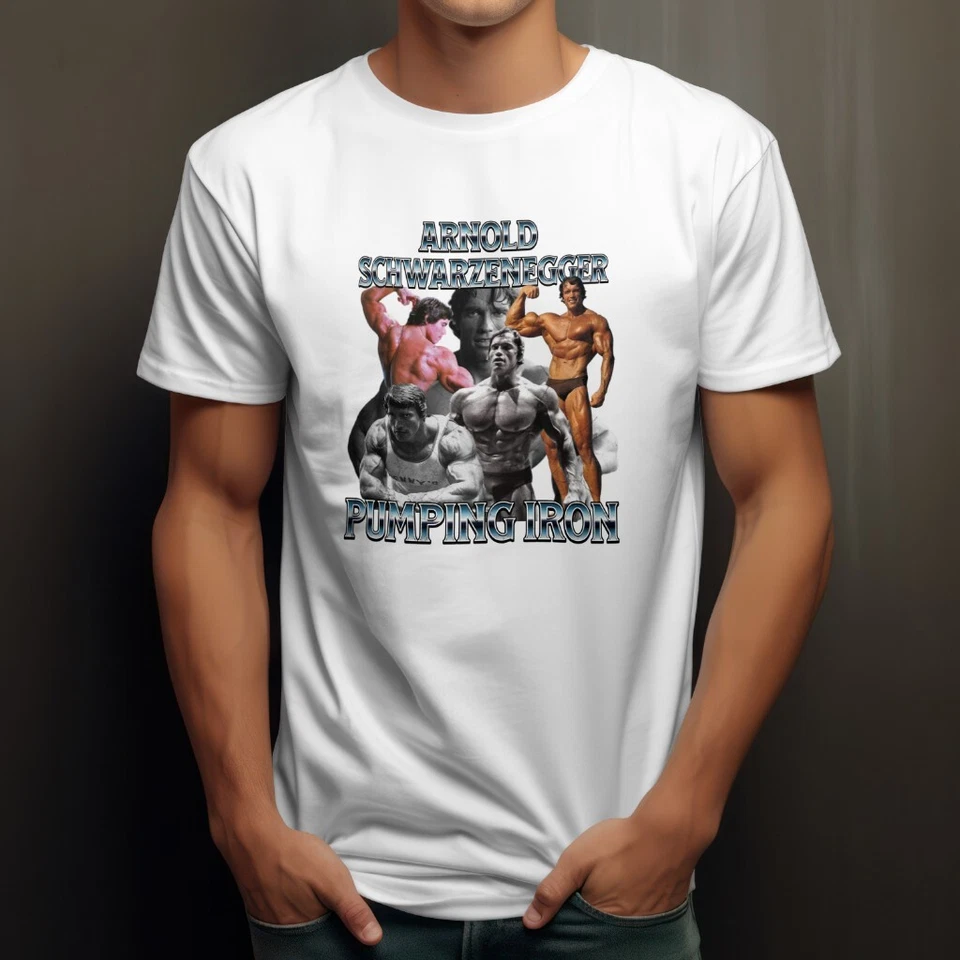 T-shirt Arnold Schwarzenegger ferro pompaggio bodybuilding muscolare top palestra fan maglietta - Immagine 2 di 4
