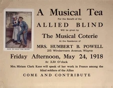 1918 Musical Tea Benefit the Allied Blind Soldiers Red Cross Broadside WAYNE PA