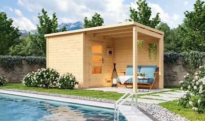 Saunahaus Gartensauna Außensauna Pepe 4 38mm mit Anbau 2,4m naturbelassen Karibu