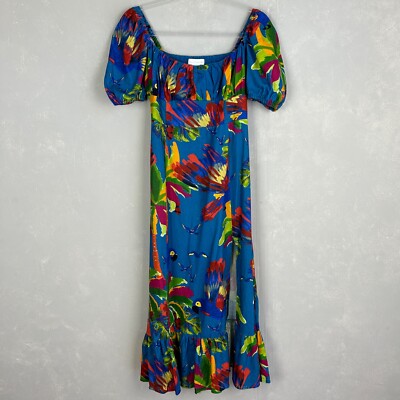 House of Harlow size XS midi dress blue tropical linen blend puff sleeve  ruffle