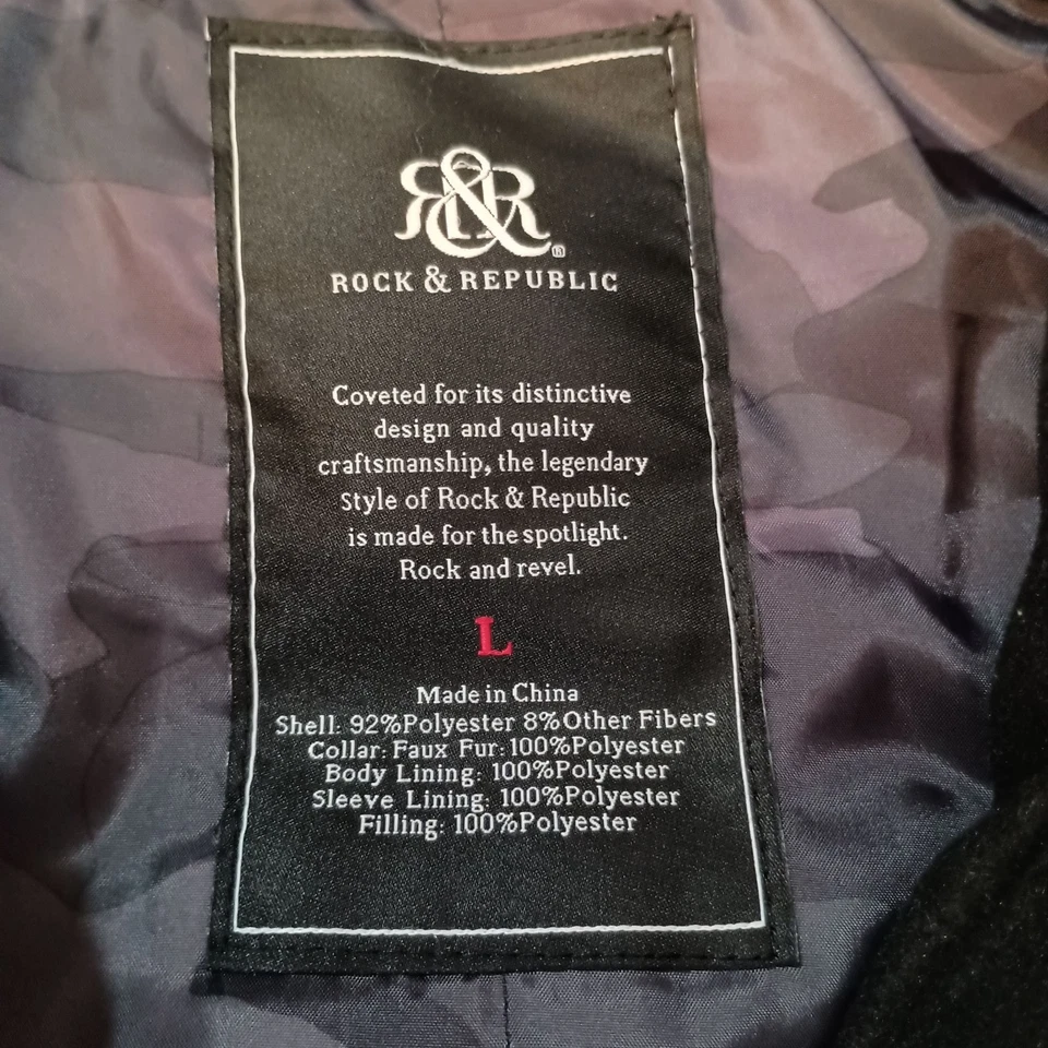 Para Hombres Rock & Republic Negro Piel Sintética Forrado Cuello Banda Acanalada Dobladillo Gótico Talla Grande Foto 3 de 4