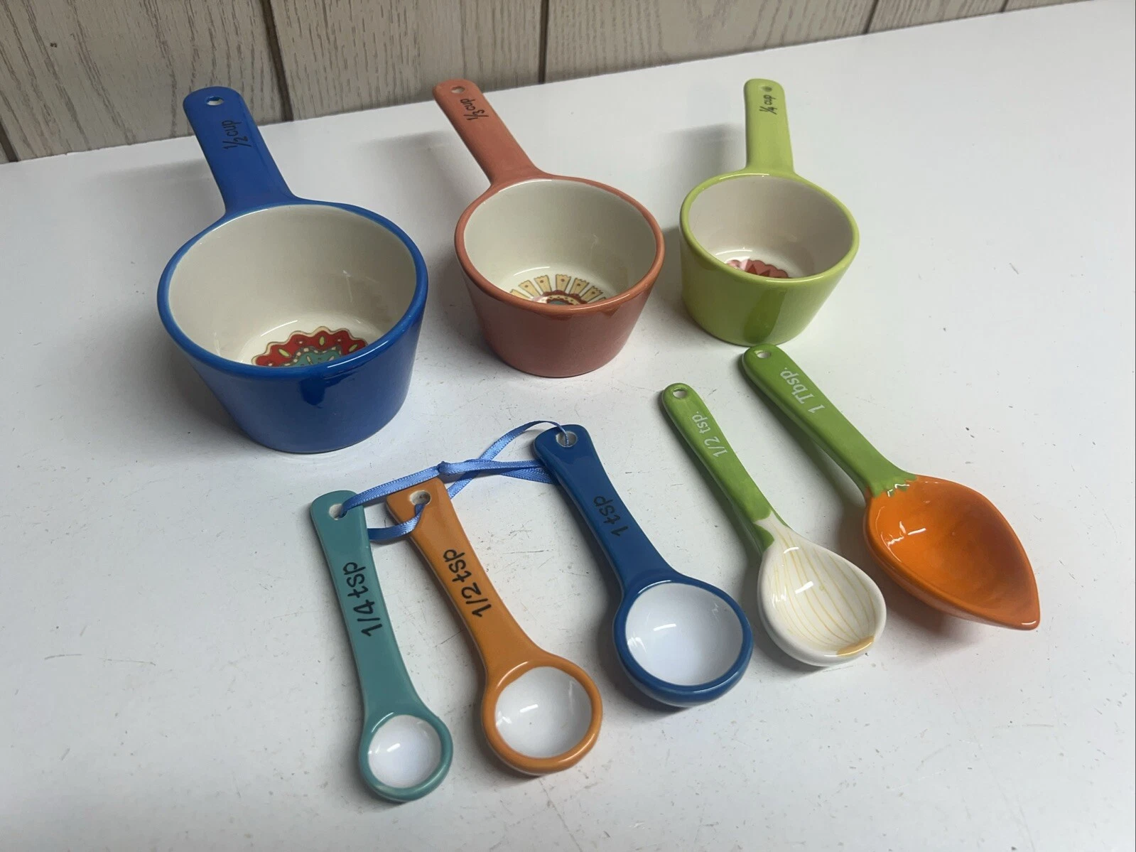Set Of Ceramic Measuring Spoons & Cups Colorful Hippie Veggie Shaped Floral
Opens in a new window or