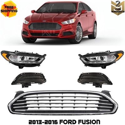 Front Bumper Grille Assembly & Headlight Assembly Kit For 2013-2016 Ford Fusion