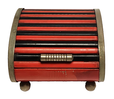 Park Sherman 1930 Deco Steel Chrome Roll Top Cigarette Box Red & Black  Bakelite
