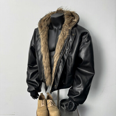 Leather Fur-in-one Double-sided Jacket Men's Winter Hooded