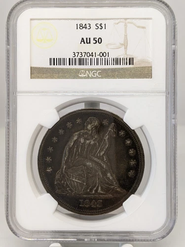 1843 Seated Dollar NGC AU50 Certified *NICE COIN*