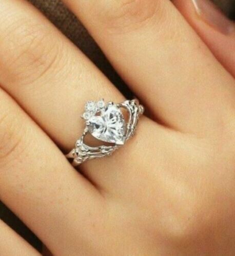 2Ct Heart Cut Lab Created Diamond Claddagh Engagement Ring 14K White Gold Finish - Picture 2 of 4