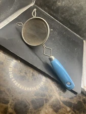 Vtg Primative Hand Strainer/ Blue Wood Handle / w/ Prongs. AD