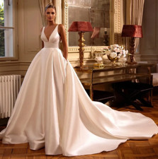 Satin Long Vintage V Neck Wedding Dresses Pockets A E Ivory Pleats Open Back