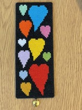 Handmade Completed Cross Stitch Bookmark - Multicoloured Hearts