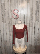 Rust Ribbed Long Sleeve Crop Top Square Neck Fitted Stretchy Casual Top