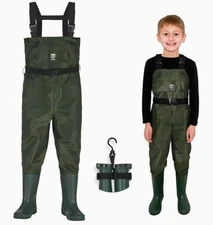  Chest Waders for Kids, Waterproof Youth Waders with Boot 4/5 Little Kid Green