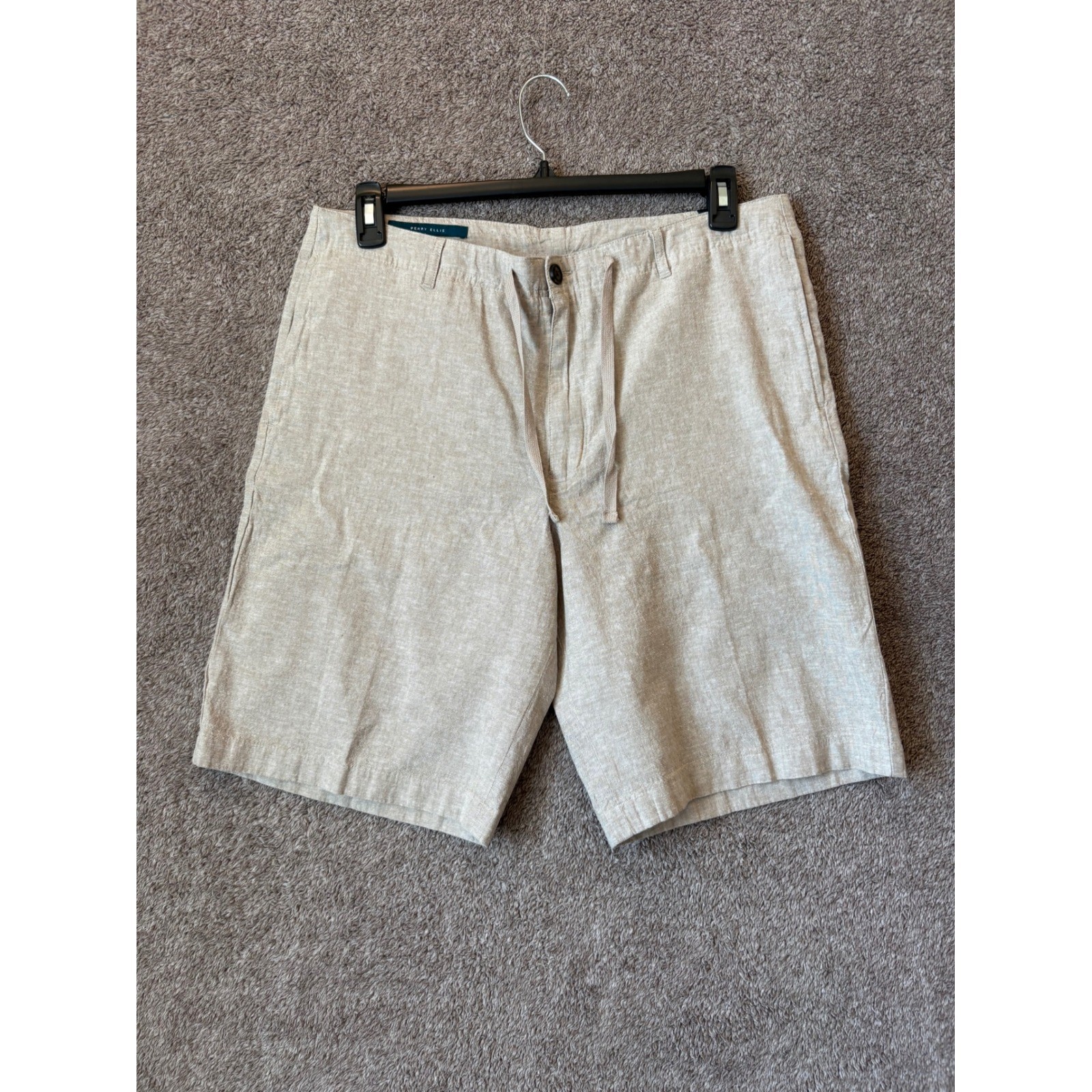 Perry Ellis Mens Linen Blend Drawstring Shorts Chinchilla Beige Size 33 NWT