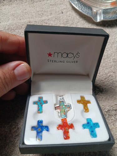 Macy's Department Stores Sterling Silver Cross Pendent With Millefiori Glass 