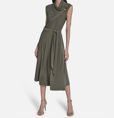 Halston Women's Green Belted Sleeveless Draped O-Ring Detail Midi Dress Size 12