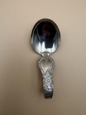 Vintage WEB Pewter Bent Handle Baby Spoon Floral Repousse Monogram M Heirloom Bx