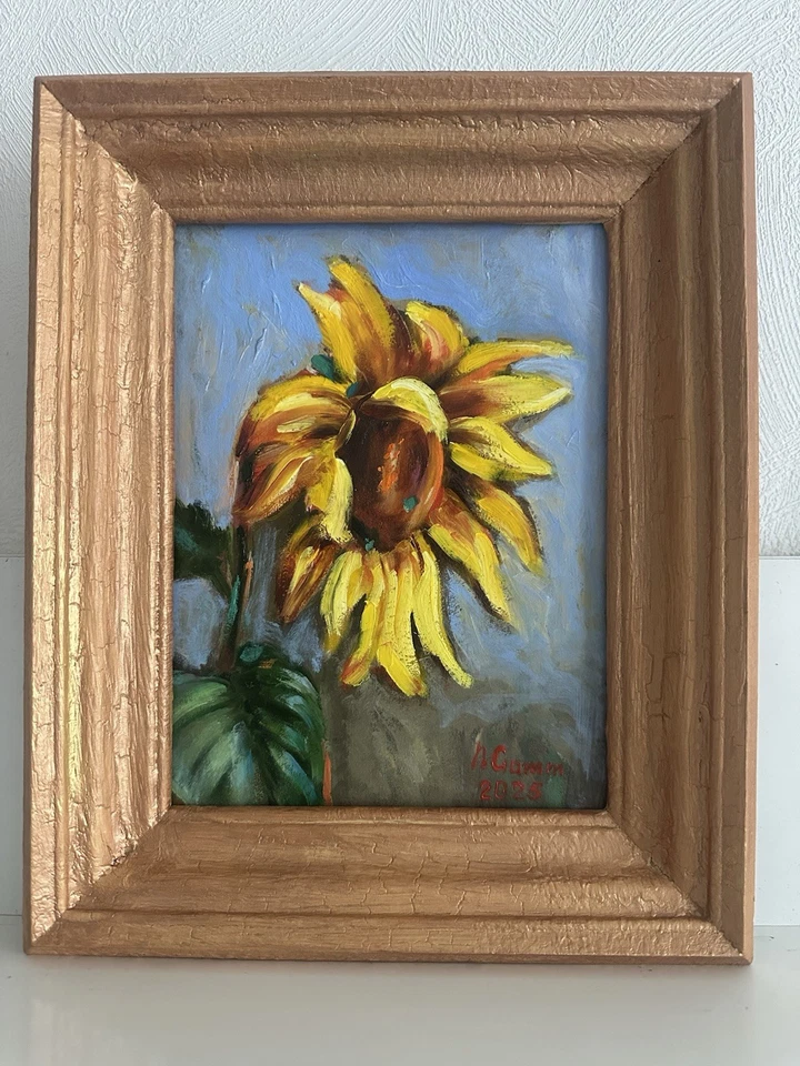 Pintura al óleo original girasol 18х24см regalo arte de pared flores semi-abstractas Foto 2 de 4