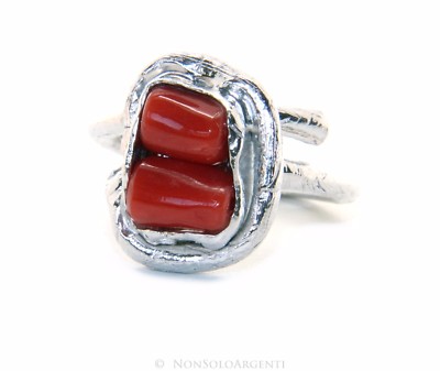 echtes 925 Silber und echte rote Korallen Edelsteine Handarbeit Ring verstellbar