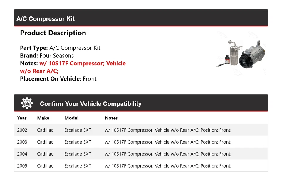 For 2002-2005 Cadillac Escalade EXT A/C Compressor Kit Front 4 Seasons 2003 2004 - Image 2 of 4