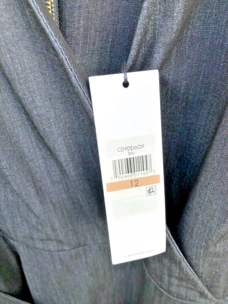 UNDERCOVER Abito da donna blu scuro nuovo con etichette Calvin Klein taglia 12 look denim tasche nascoste